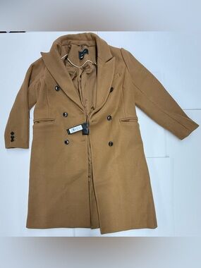 New! BCBG Slim-Fit Double-Breasted Camel Pea Coat - Size Medium - Retail $248